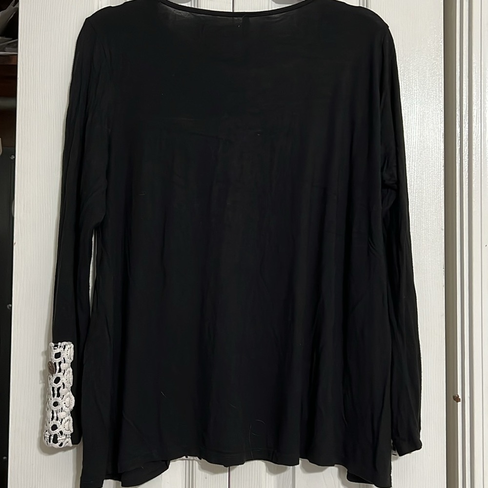 MOA USA Black Top Blouse Lace Front & Sleeve Long Sleeve - Picture 6 of 7